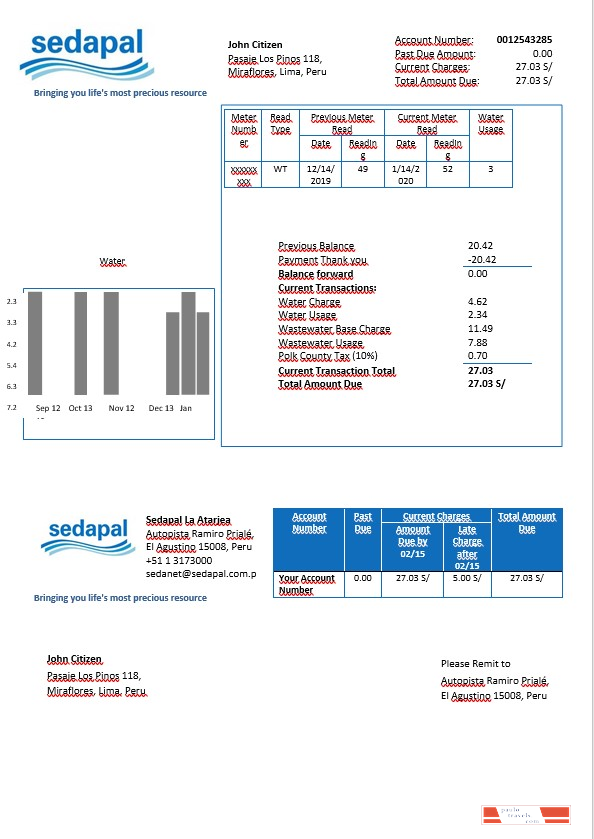 Peru Sedapal La Atarjea water utility bill in Word format
